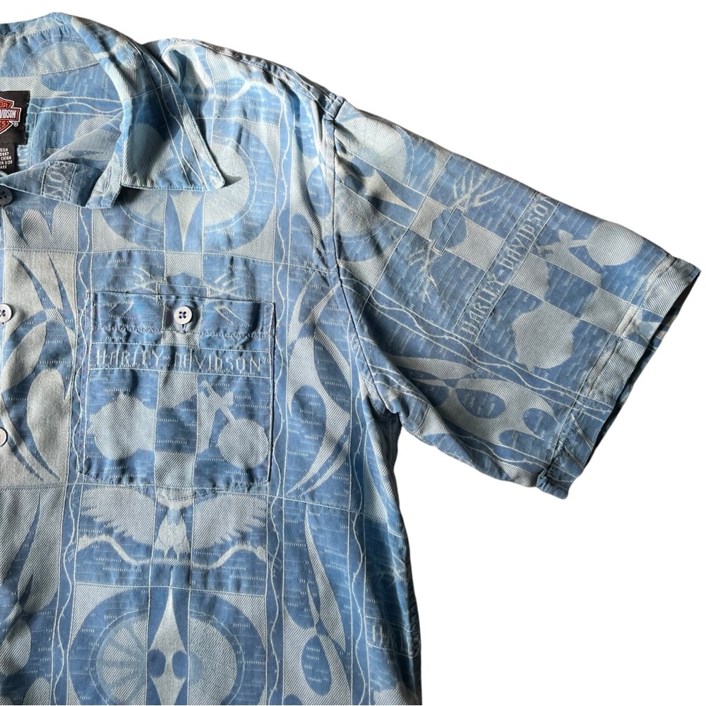 Harley Davidson Silk Baby Blue Pattern Button Down Short Sleeve Shirt - Picture 5 of 5